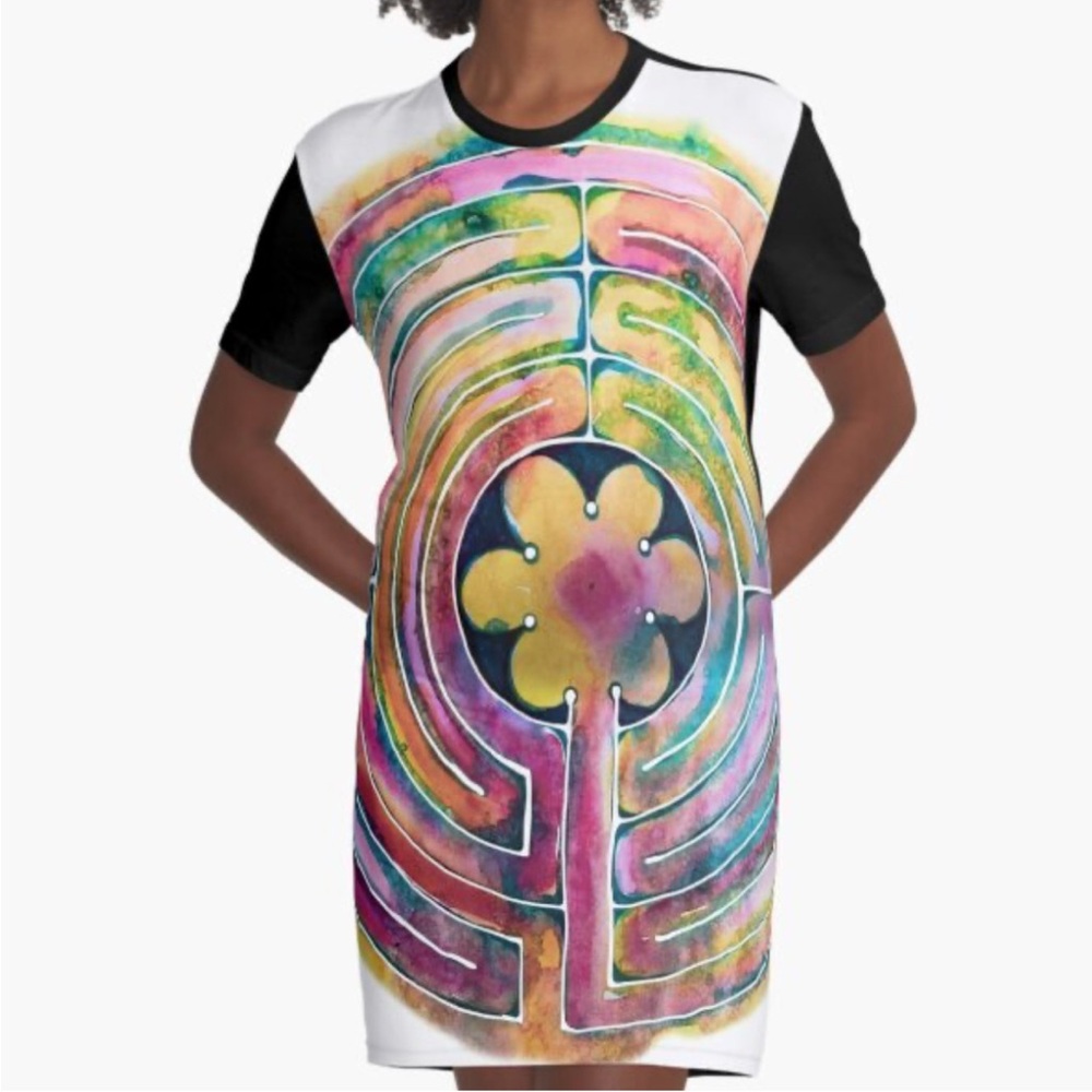 Watercolor Labyrinth Graphic T-Shirt Dress Made in USA